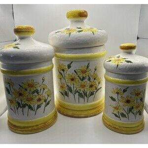 Vintage 1978 Sears Roebuck & Company White Yellow Daisy Ceramic Canister Set